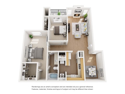 A floor plan of a home with a kitchen, living room, and two bedrooms.